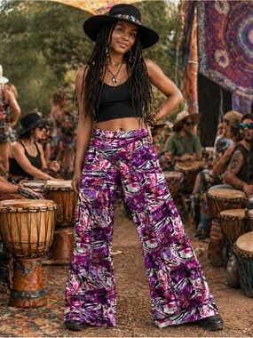 Autumn Teneyl Vibrant Purple Abstract Print Wide-Leg Pants